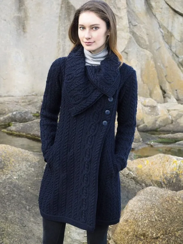Merino Wool Aran Coatigan Navy