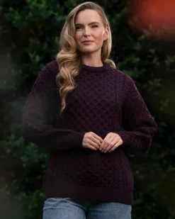 Merino Wool Aran Sweater Damson - Unisex