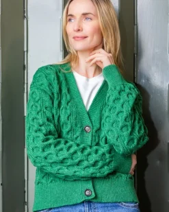 100% Merino Wool Cropped Aran Cardigan - Kiwi