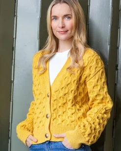 100% Merino Wool Cropped Aran Cardigan - Yellow