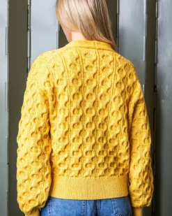 100% Merino Wool Cropped Aran Cardigan - Yellow
