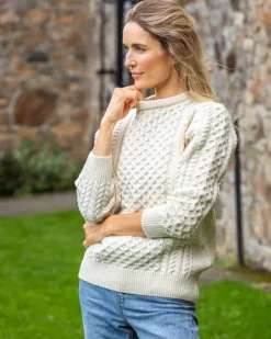 100% Merino Wool Fitted Aran Sweater Natural