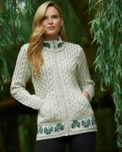 100% Merino Wool Shamrock Zip Cardigan