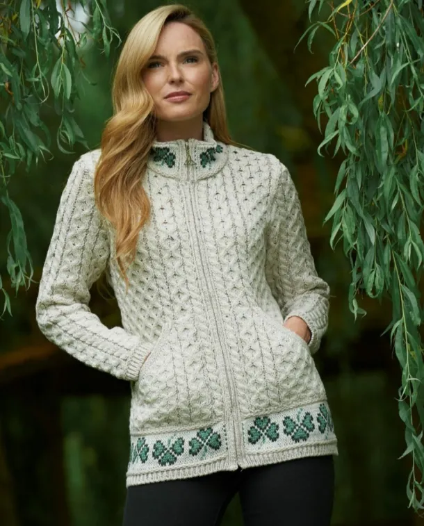 100% Merino Wool Shamrock Zip Cardigan