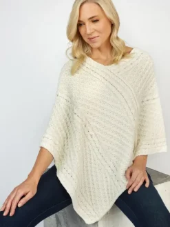 Merino Wool V Neck Poncho - Natural Yarn