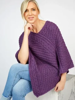 Merino Wool V Neck Poncho - Pink Mix