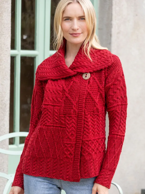 One Button Aran Patchwork Cardigan Red
