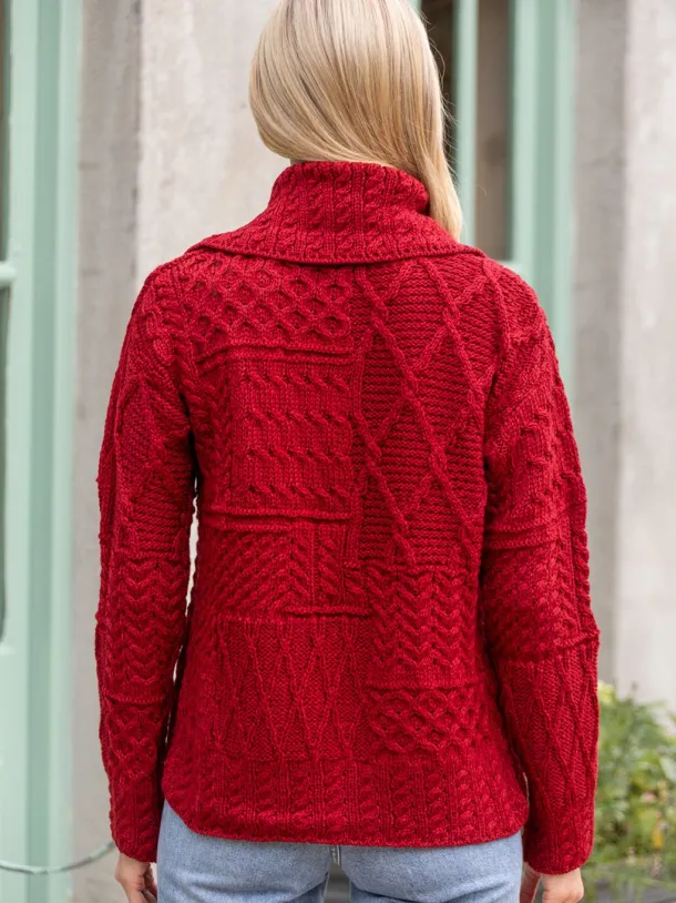 One Button Aran Patchwork Cardigan Red
