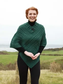 One Size Cable Knit Poncho with Buttons Green Marl