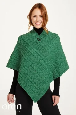 One Size Cable knit Poncho with Buttons Kelly Green