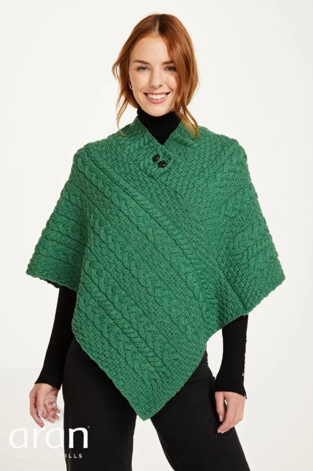 One Size Cable knit Poncho with Buttons Kelly Green