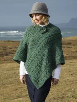 One Size Cable Knit Poncho with Buttons Green Marl