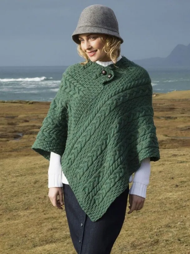 One Size Cable Knit Poncho with Buttons Green Marl