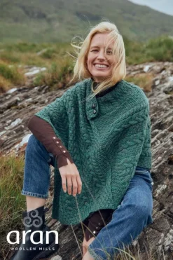 One Size Cable Knit Poncho with Buttons Green Marl