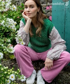 Pansy V Neck Aran Vest Green Marl