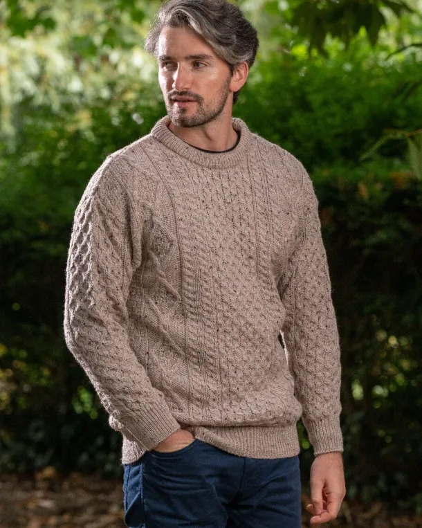 Pure Wool Unisex Aran Sweater Oatmeal Fleck