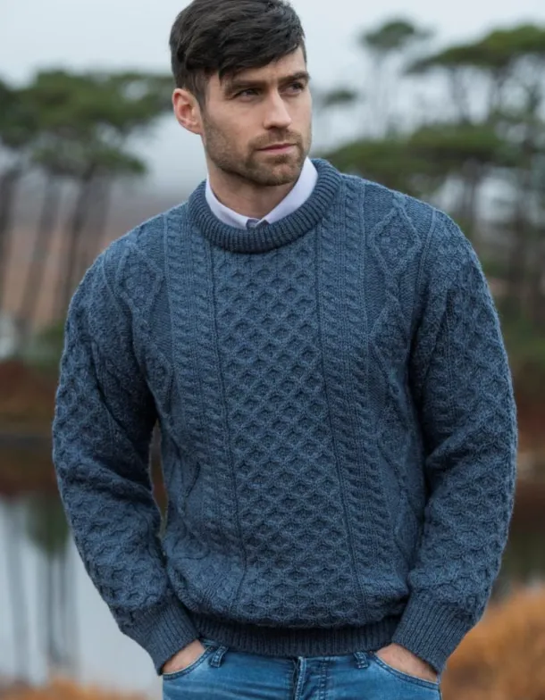 Pure Wool Unisex Aran Sweater Denim