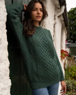 Pure Wool Unisex Aran Sweater Moss Green