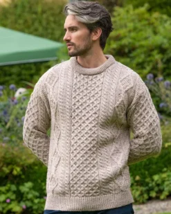Pure Wool Unisex Aran Sweater Oatmeal Fleck