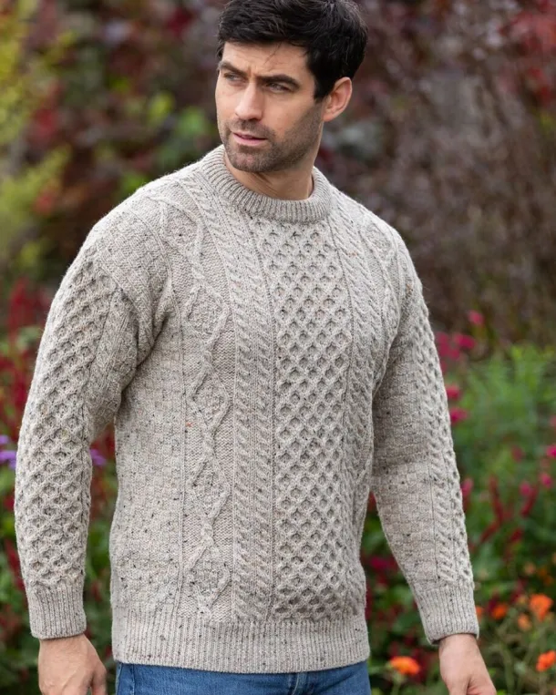 Pure Wool Unisex Aran Sweater Oatmeal Fleck