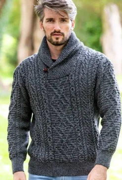 Shawl Neck Aran Sweater Slate