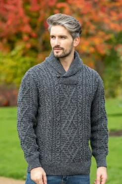 Shawl Neck Aran Sweater Slate