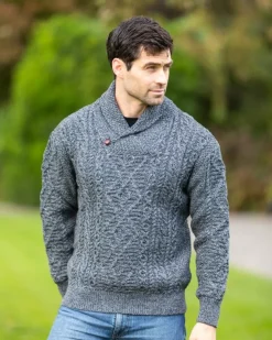 Shawl Neck Aran Sweater Slate