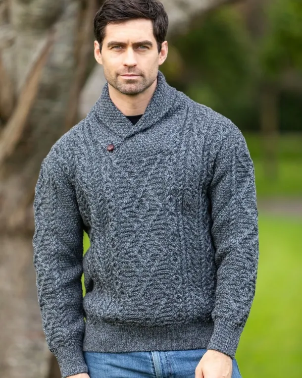 Shawl Neck Aran Sweater Slate