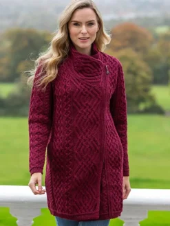 Side Zip Aran Coat Burgundy