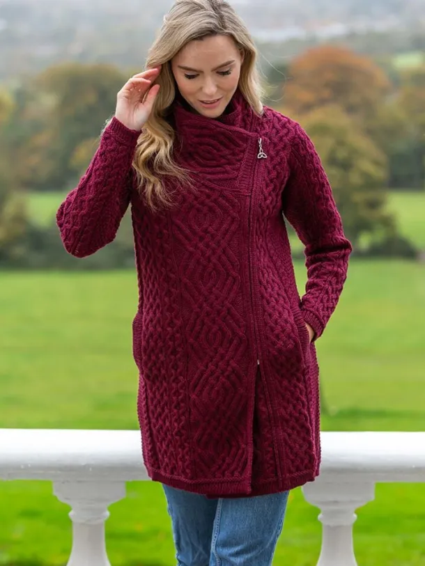 Side Zip Aran Coat Burgundy