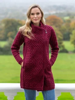 Side Zip Aran Coat Burgundy