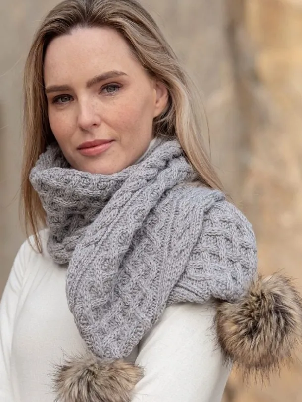 Silver Pom Pom Aran Scarf