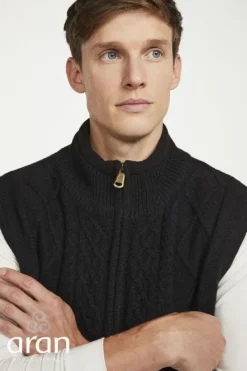 Sleeveless Lined Shetland Wool Aran Cardigan black