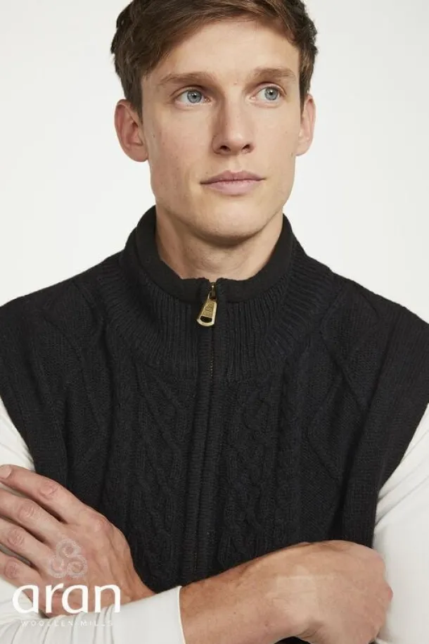 Sleeveless Lined Shetland Wool Aran Cardigan black