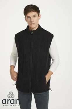 Sleeveless Lined Shetland Wool Aran Cardigan black