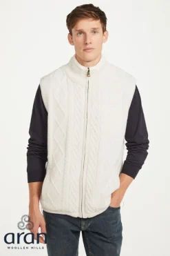 Sleeveless Lined Shetland Wool Cardigan Natural
