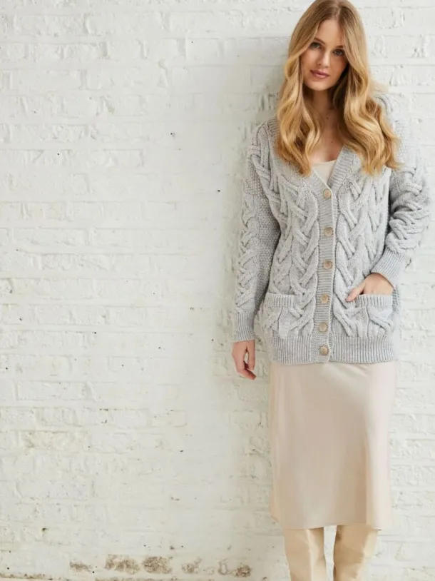 Super Soft Aran V Neck Cardigan Silver