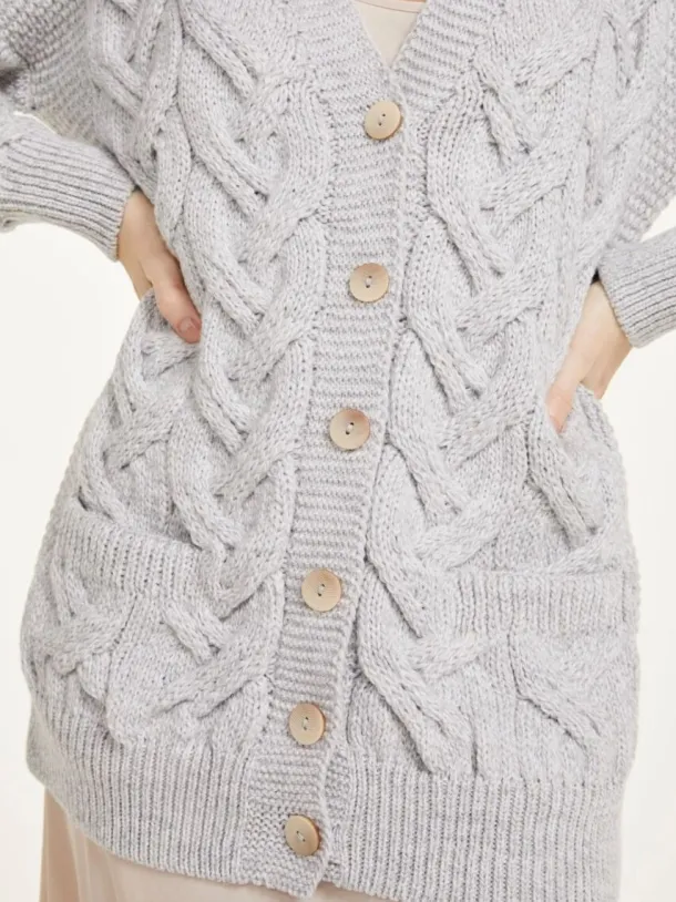 Super Soft Aran V Neck Cardigan Silver