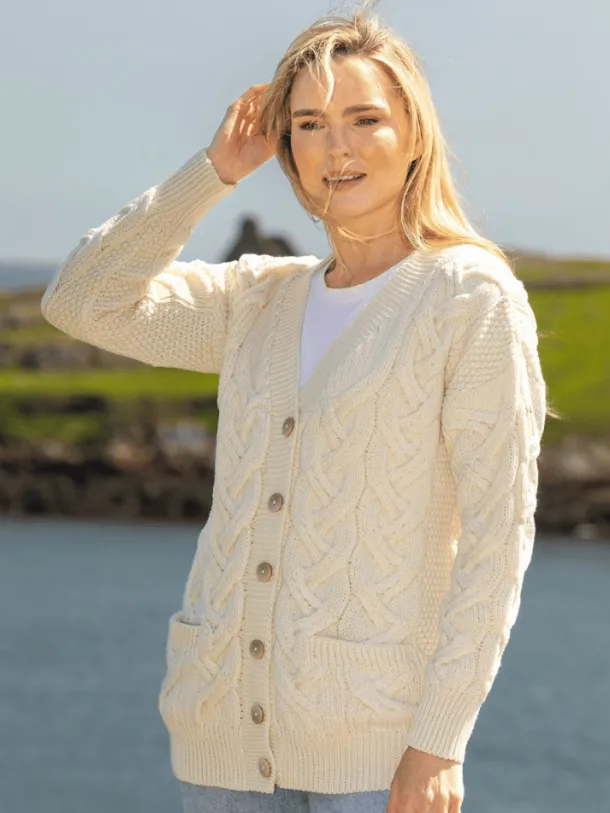 Super Soft Aran V Neck Cardigan Natural