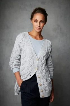 Super Soft Aran V Neck Cardigan Silver