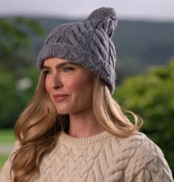 Super Soft Cable Knit Hat with pom pom Silver