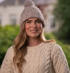Super Soft Cable Knit Hat with pom pom Beige