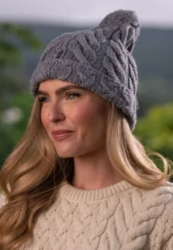 Super Soft Cable Knit Hat with pom pom Silver