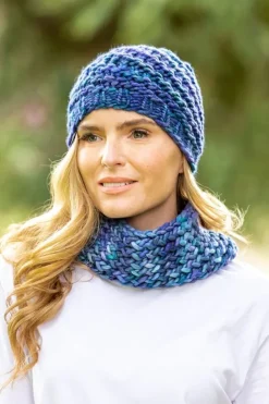 Super Soft Handmade in Ireland Snood and Spiral Hat Set - Blue Mix