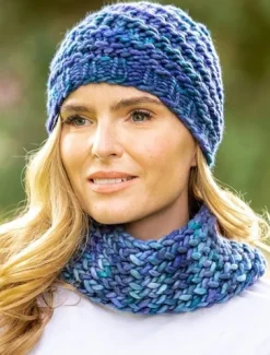 Super Soft Handmade in Ireland Snood and Spiral Hat Set - Blue Mix