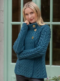 Super Soft Merino Wool Aran Cardigan Teal