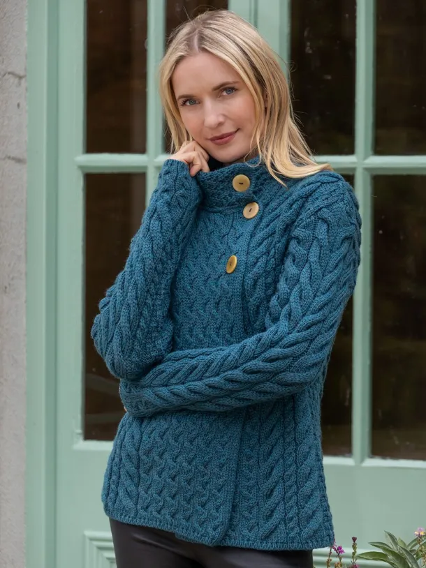 Super Soft Merino Wool Aran Cardigan Teal