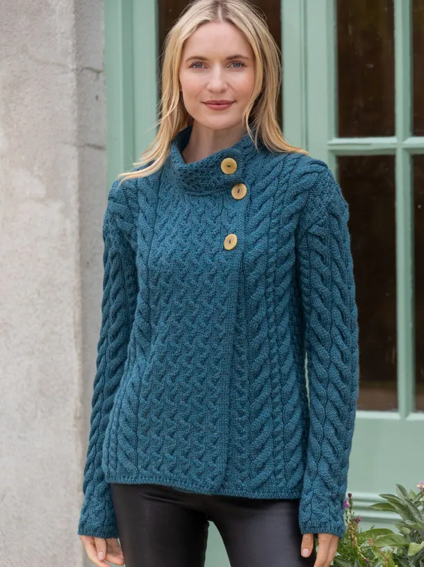 Super Soft Merino Wool Aran Cardigan Teal