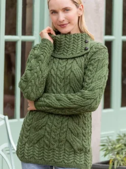 100% Super Soft Merino Wool Cowl Neck with Buttons Green