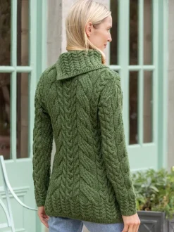 100% Super Soft Merino Wool Cowl Neck with Buttons Green